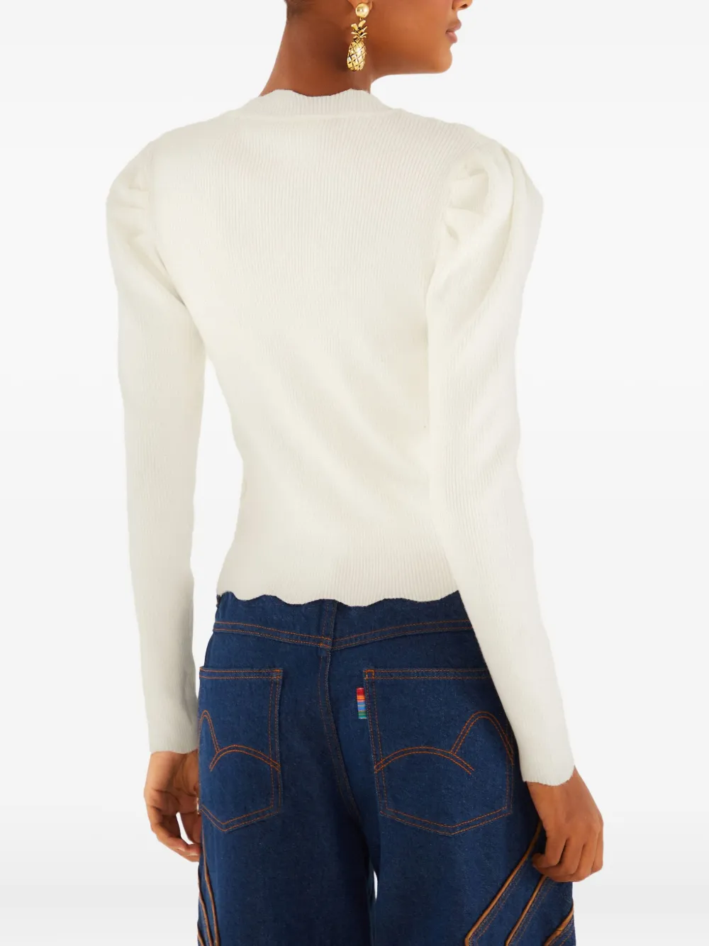 FARM Rio beaded puff-sleeve top - Wit