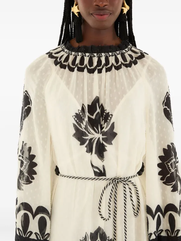 farm rio arabesque floral long-sleeve high-neck mini dress Arabesque Floral Green Long Sleeve Mini Dress FARM Rio