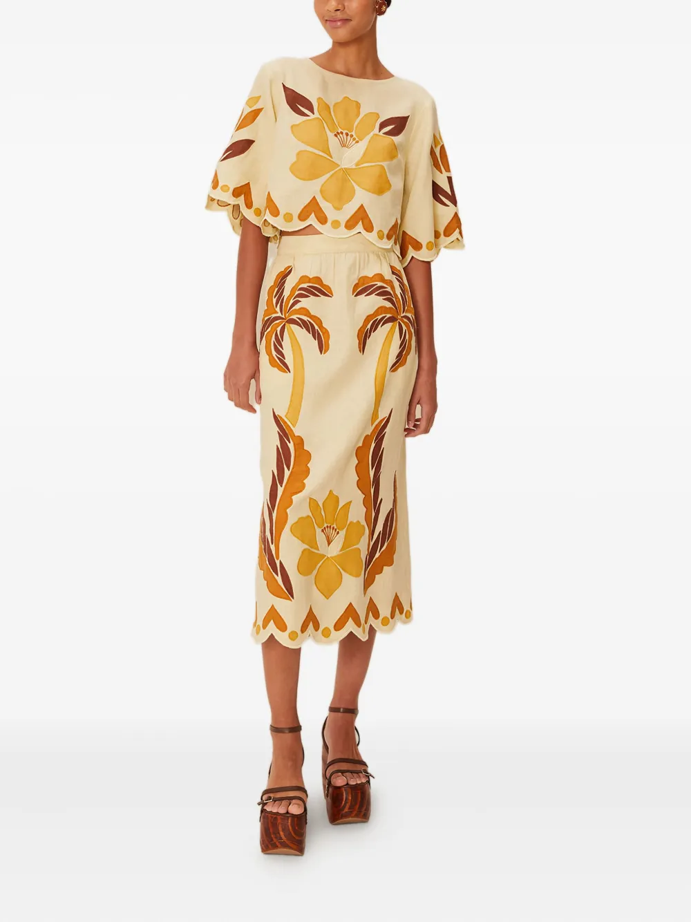FARM Rio floral palm-tree midi skirt - Beige