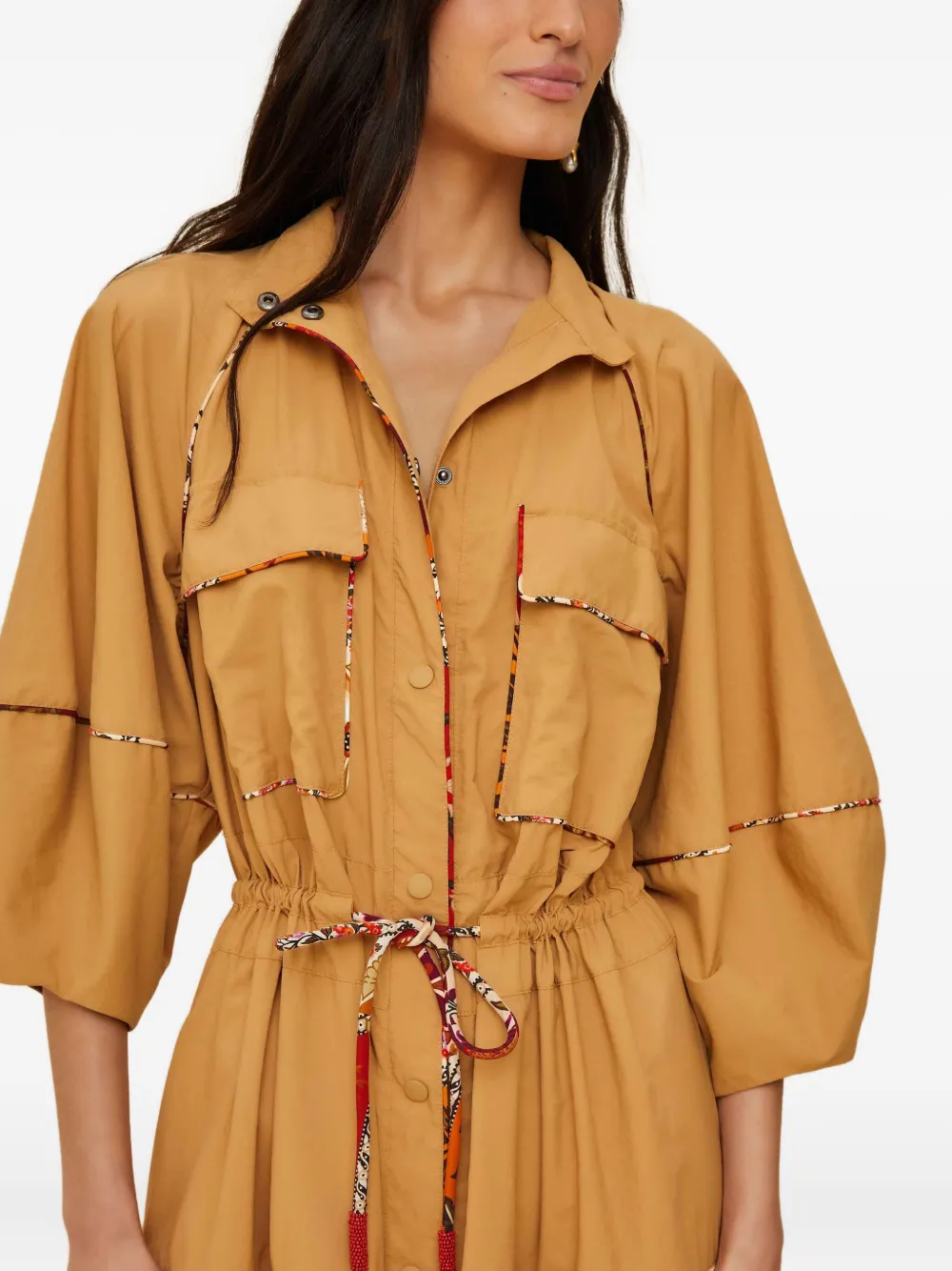 FARM Rio Gelaagde midi-jurk met trekkoord Bruin