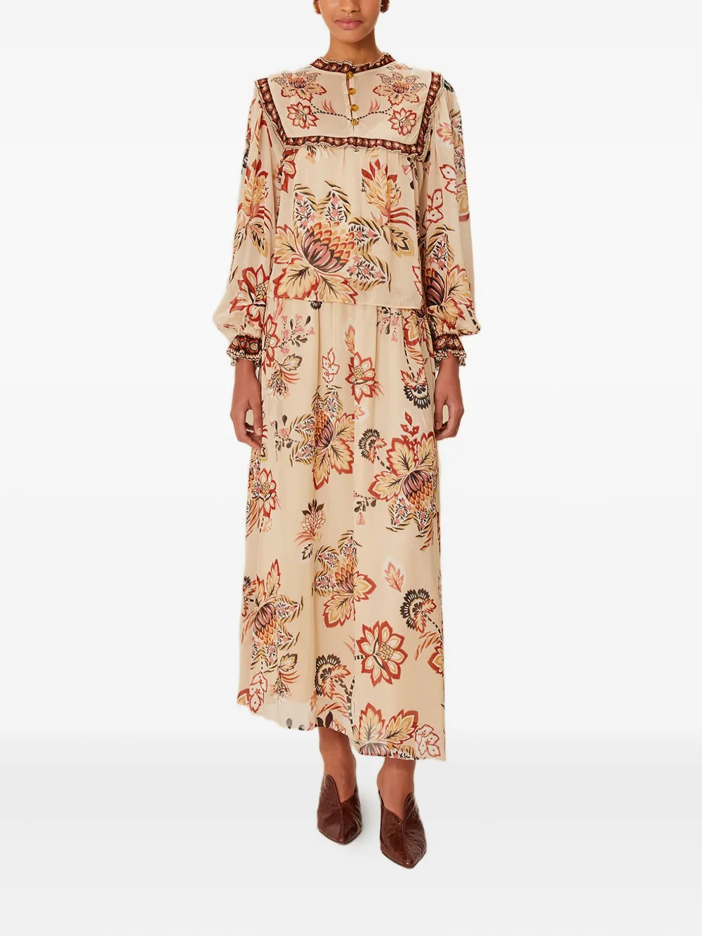 FARM Rio floral-print ruffled midi skirt - Beige