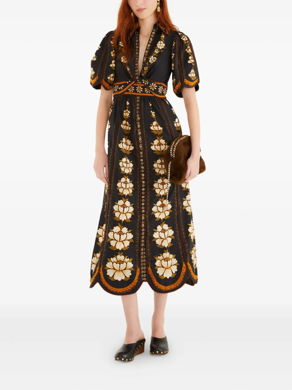 FARM Rio Midi-jurk met geborduurde bloemen - Zwart