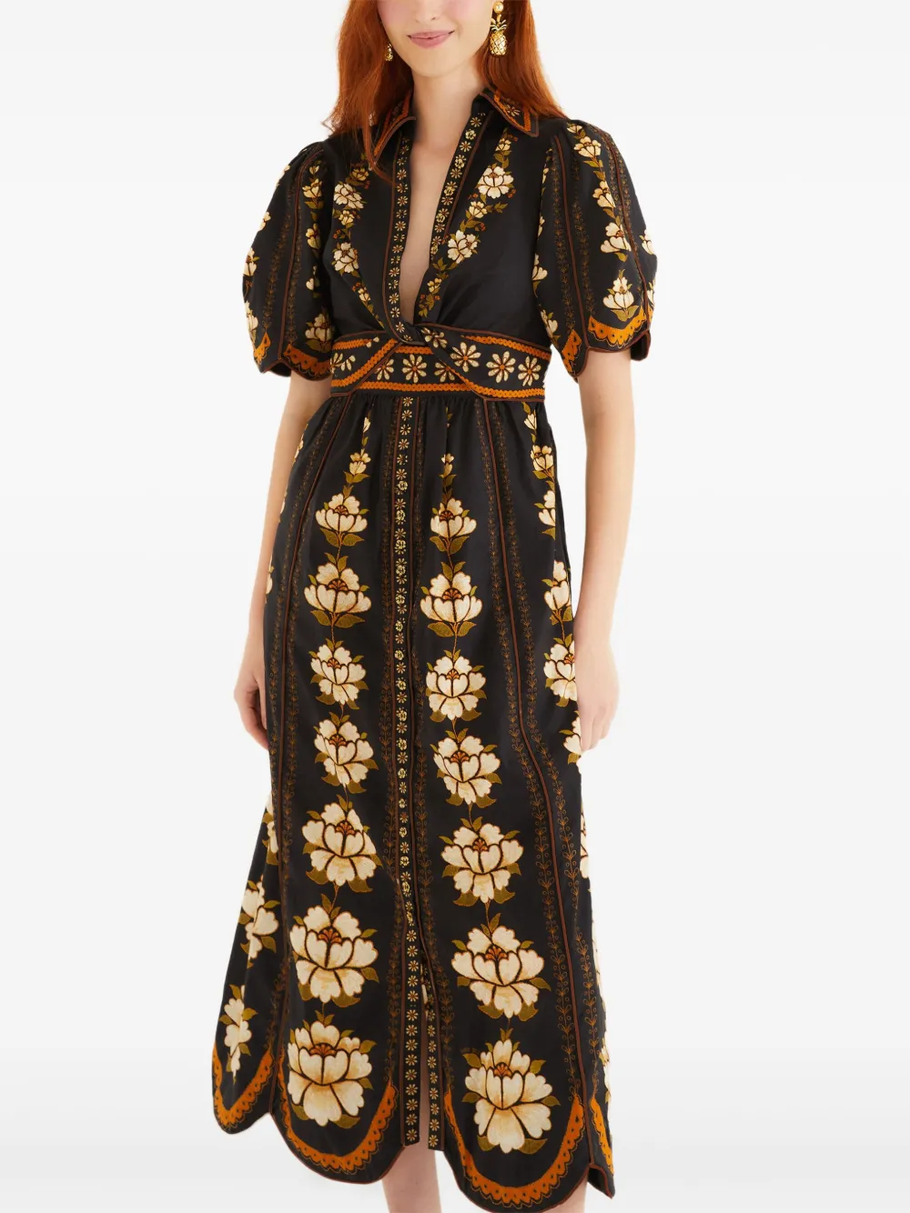 FARM Rio Midi-jurk met geborduurde bloemen Zwart