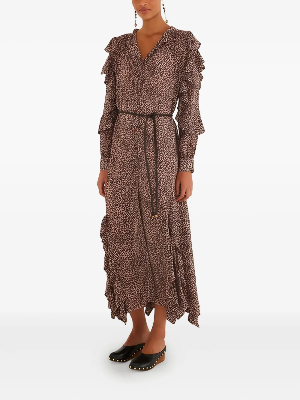 FARM Rio ruffled leopard-pattern midi dress - Roze