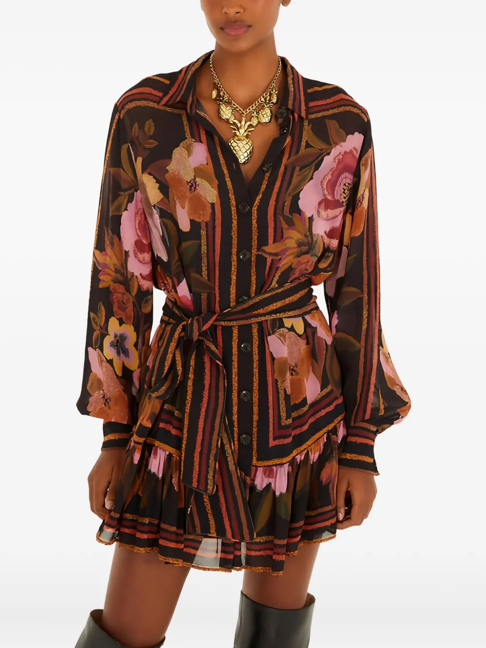FARM Rio robe mi-longue fleurie à rayures | noir | Image 1