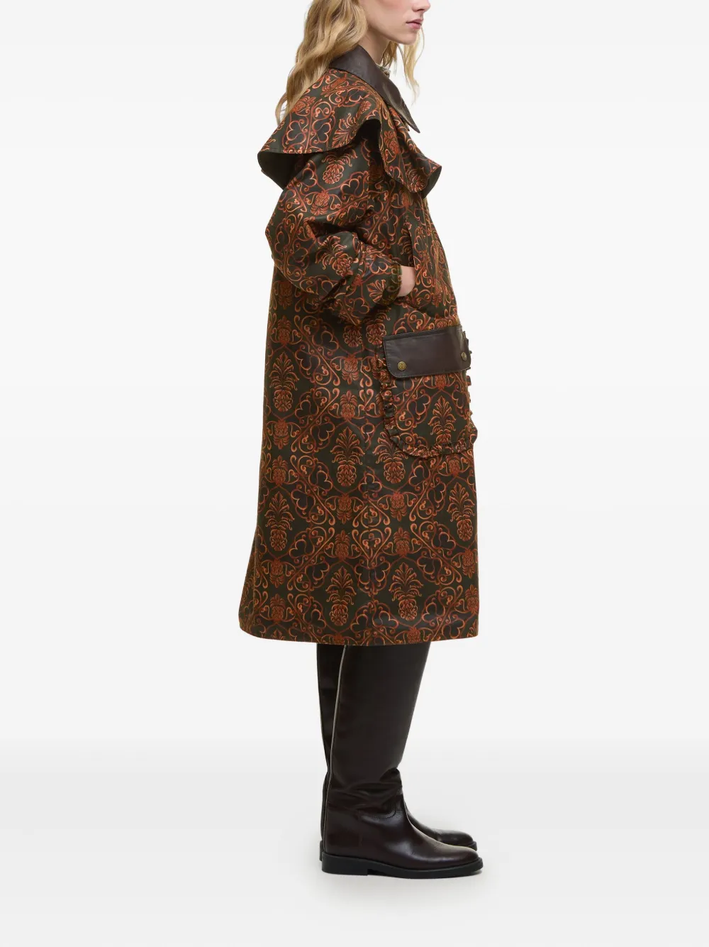 Farm Rio Luana Ruffled-collar Patterned Coat In Brown
