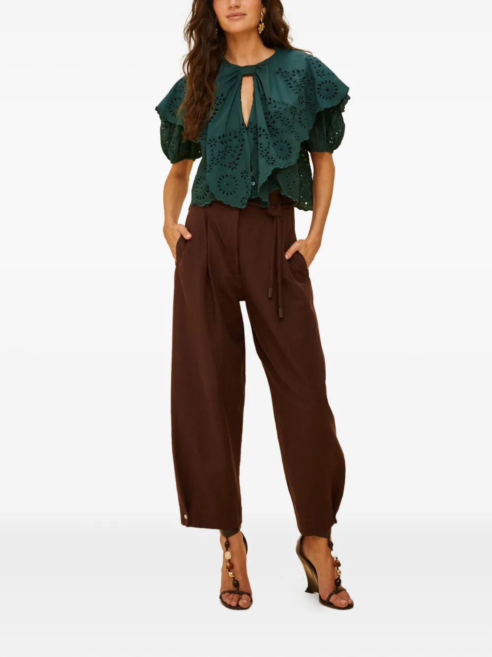 FARM Rio cut-out ruffled blouse - Groen