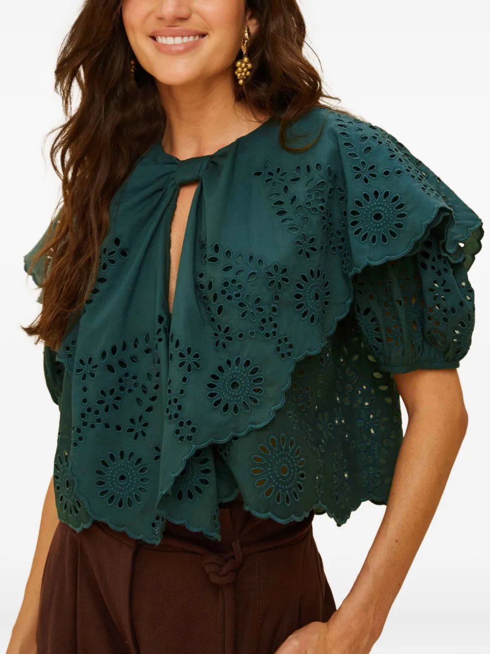 Farm Rio Cut-out Ruffled Blouse In Green