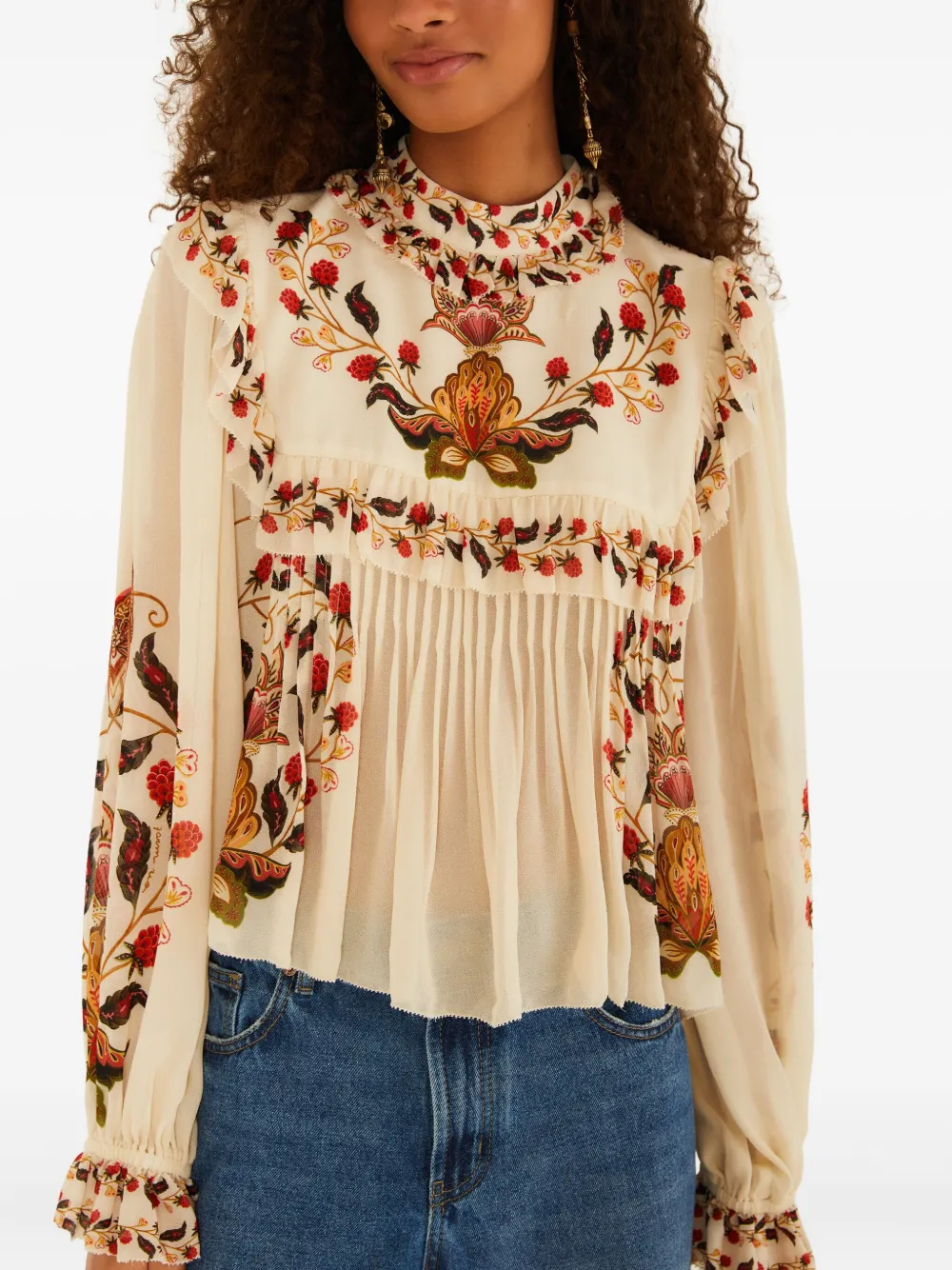 FARM Rio Shirt met bloemenprint en ruches Beige