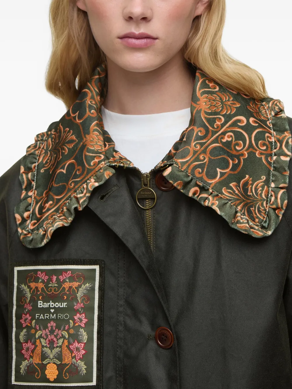 FARM Rio x Barbour Maria Clara jas met ruches en patch Groen