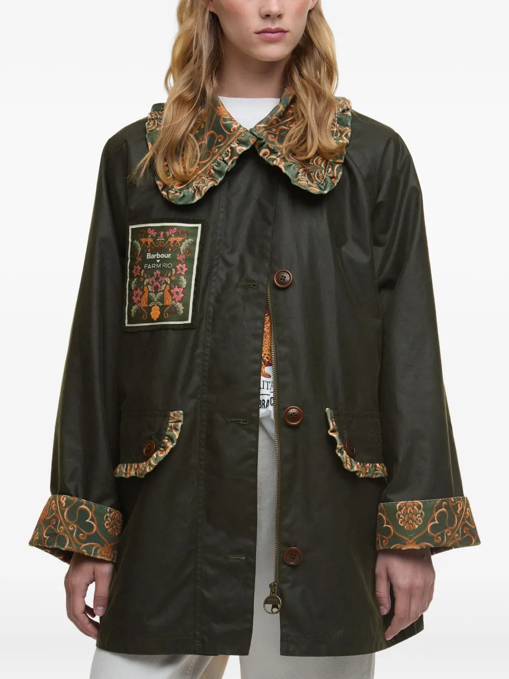 FARM Rio x Barbour Maria Clara ruffled patch coat | Green | Image 1