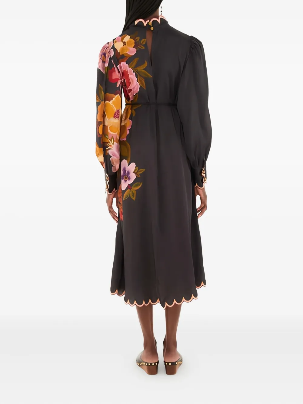 FARM Rio Gewelfde midi-jurk met bloemen - Zwart