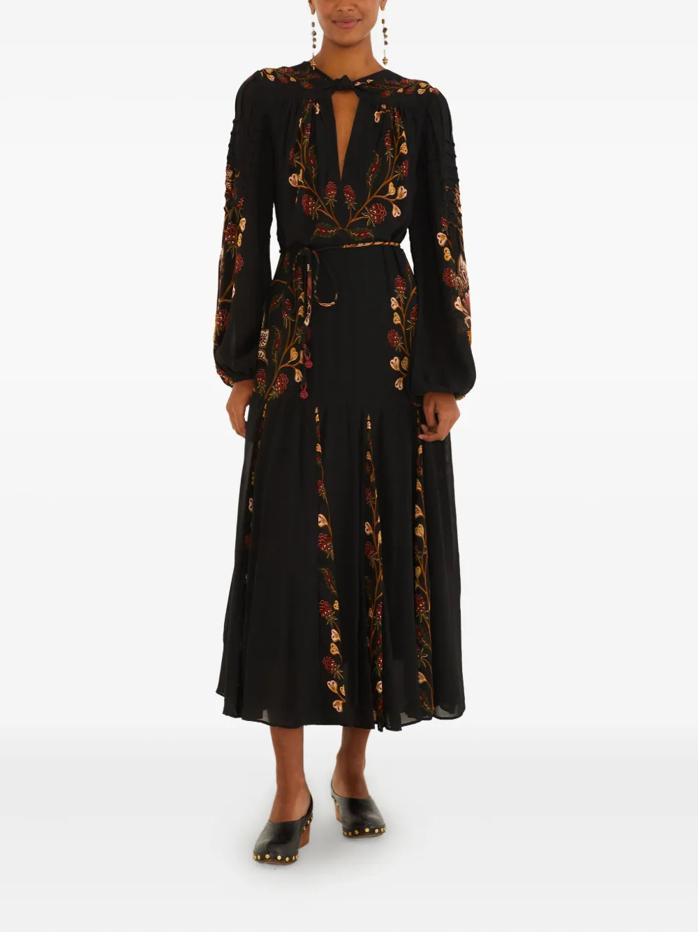 FARM Rio Maxi-jurk met bloemenprint en strik - Zwart