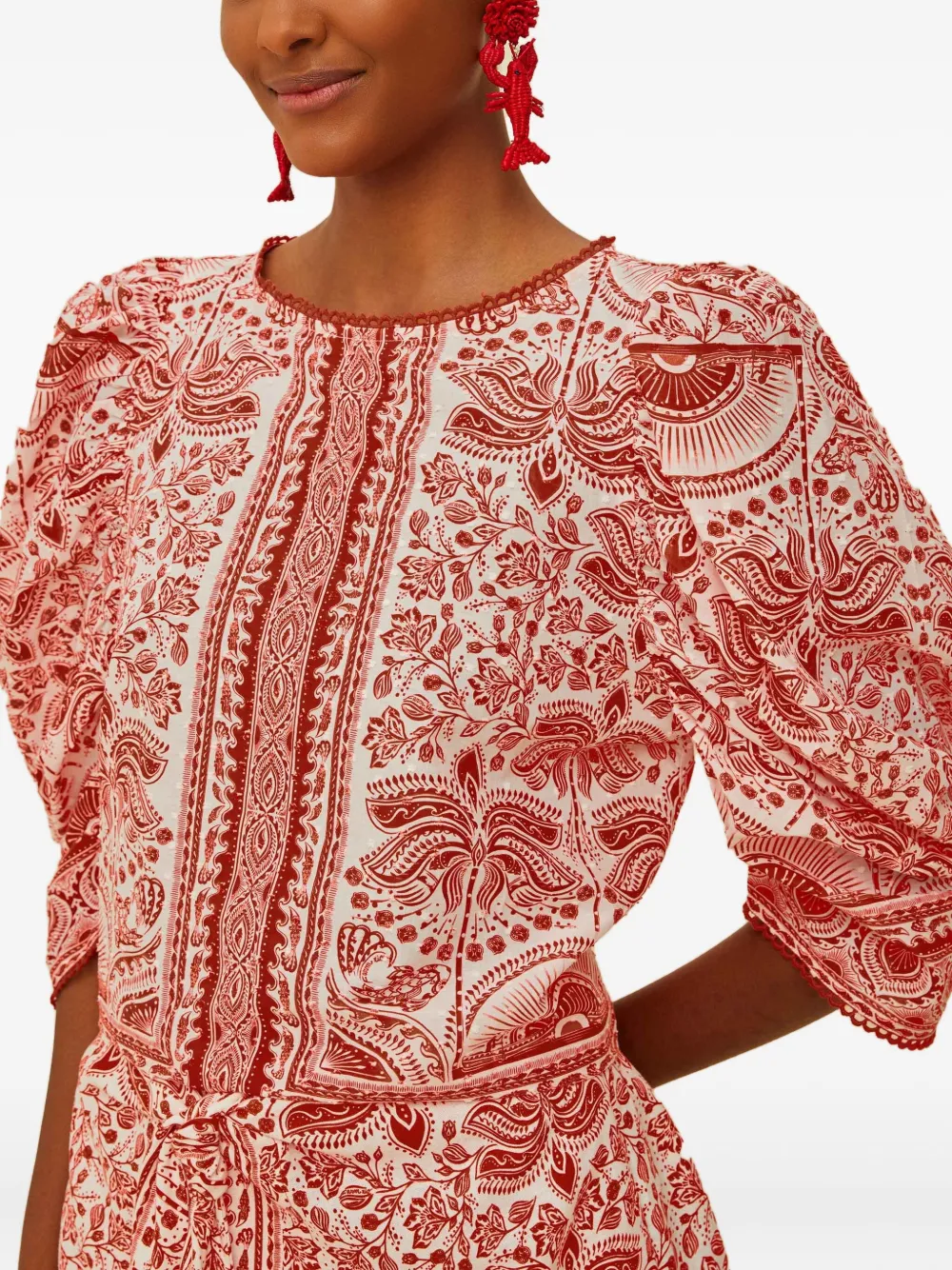 FARM Rio Top met pofmouwen en patroon Rood