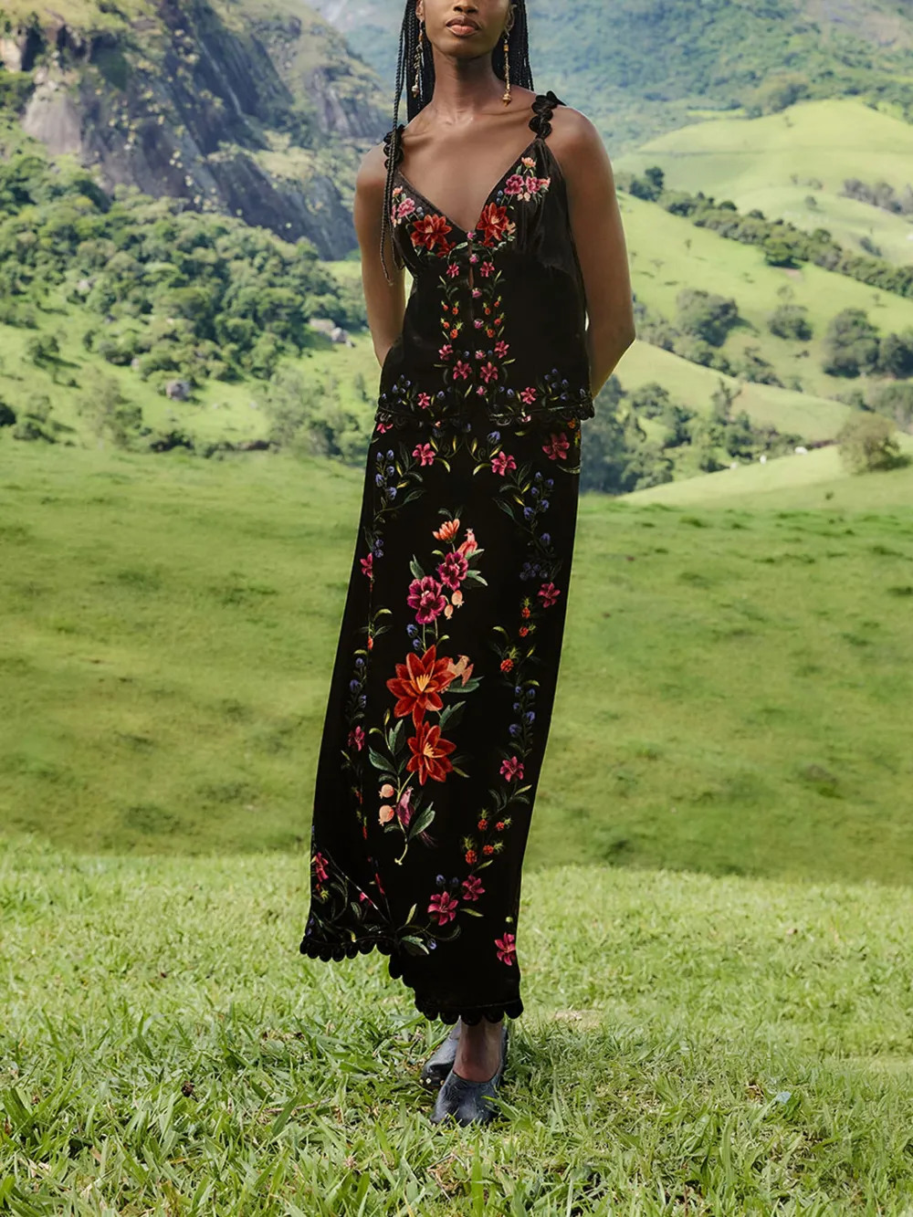  Farm Rio Floral-pattern Straps Top - Black 