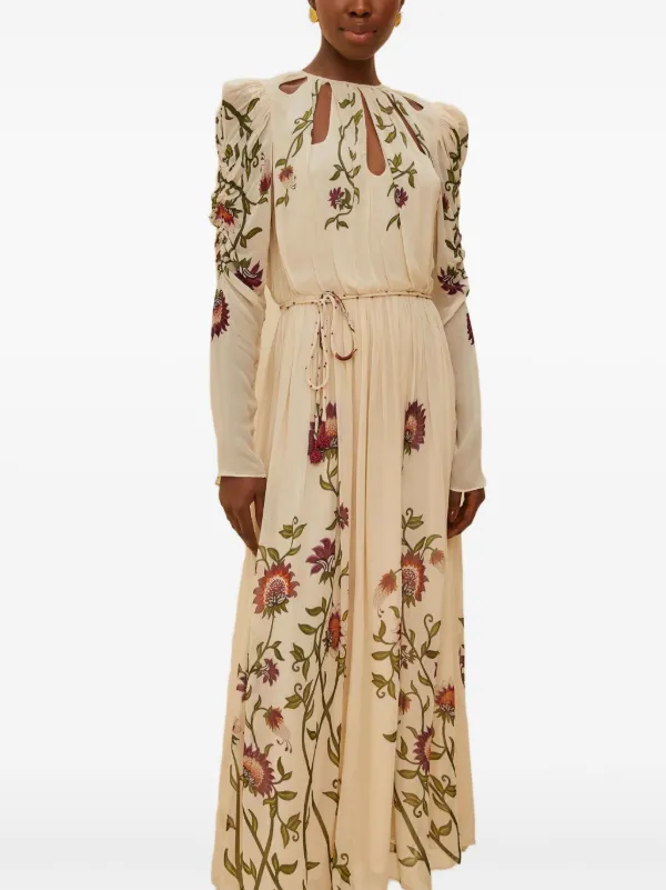 chinese dress ladies Red Artisanal Cut-Out Embroidered Euroflax  Premium Linen Maxi Dress