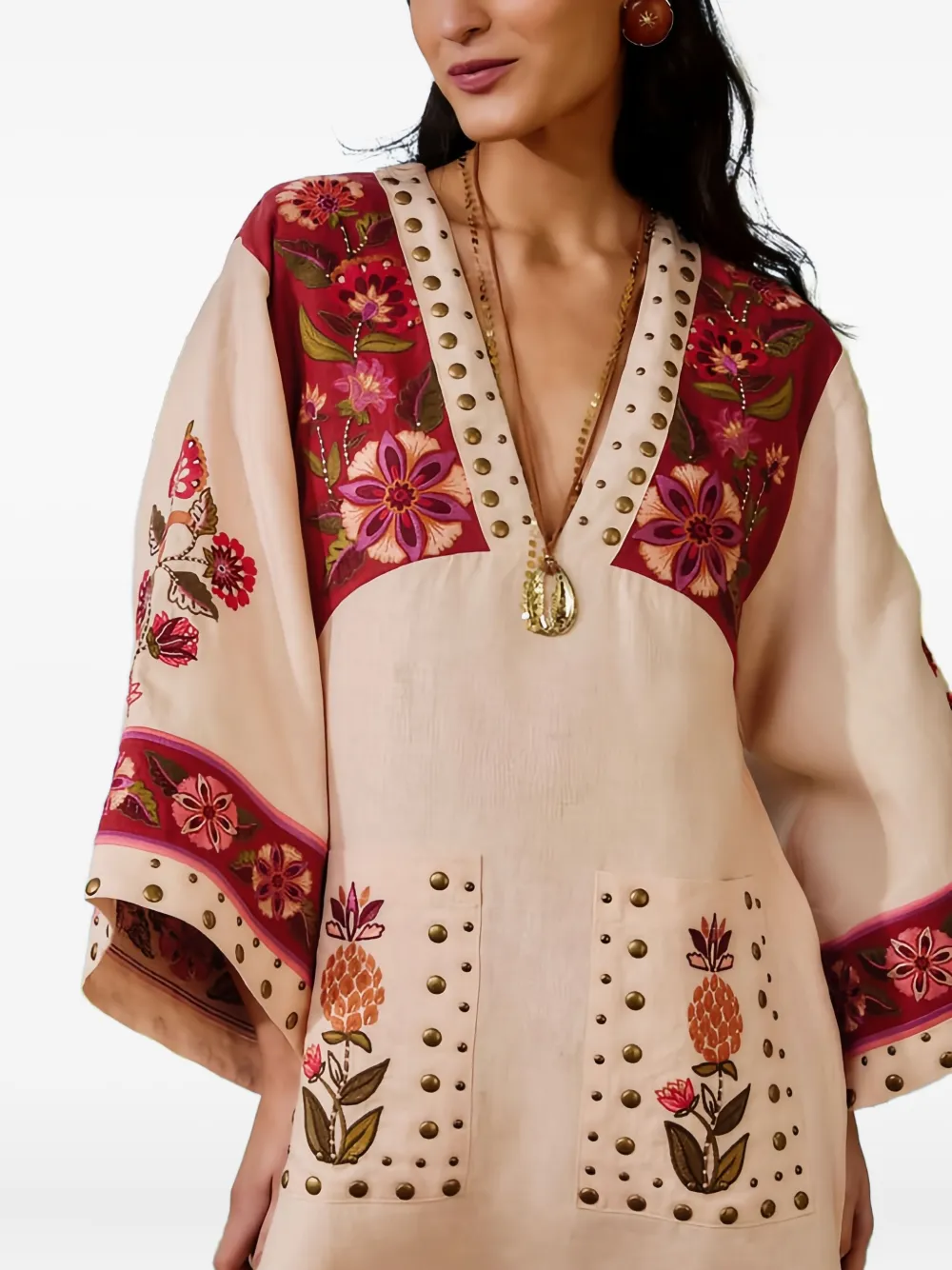 FARM Rio Maxi-jurk met geborduurde bloemen en studs Beige