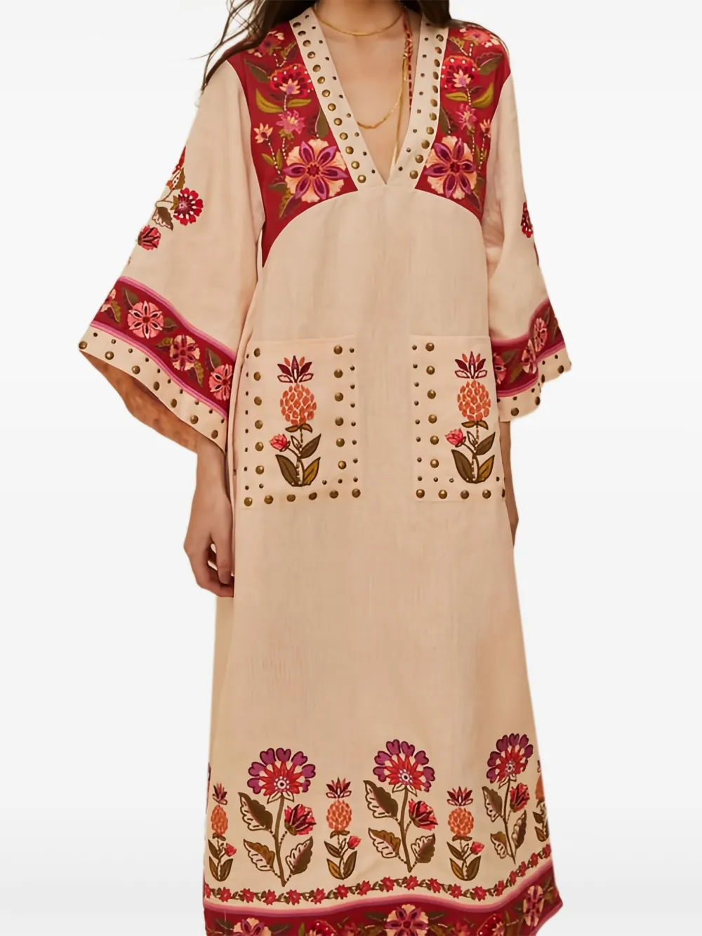 FARM Rio floral-embroidered studded maxi dress - Beige
