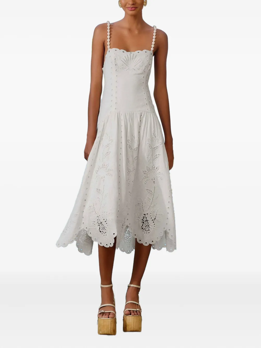 FARM Rio eyelet scalloped midi dress - Bianco