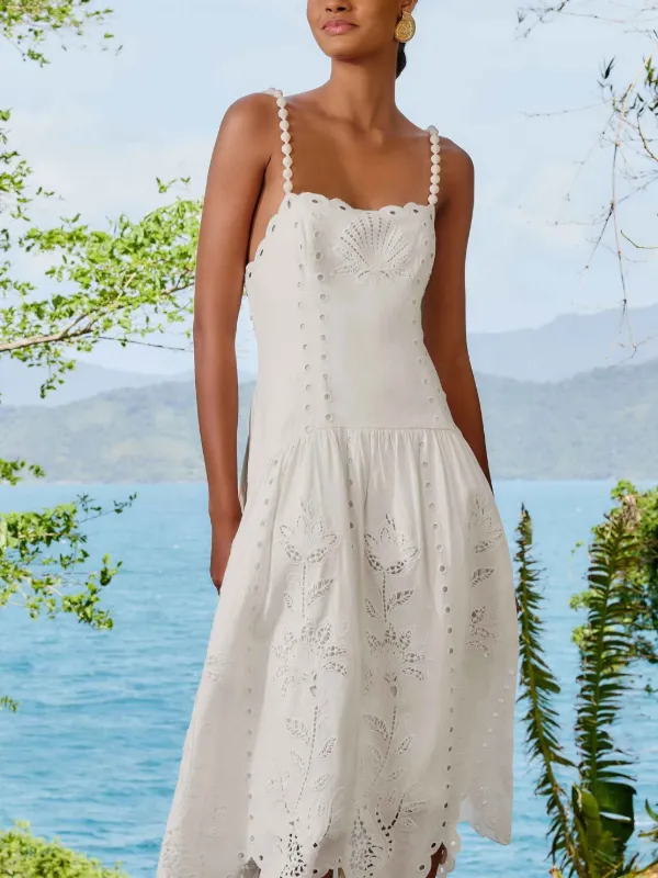 FARM Rio Eyelet Scalloped Midi Dress | White | FARFETCH