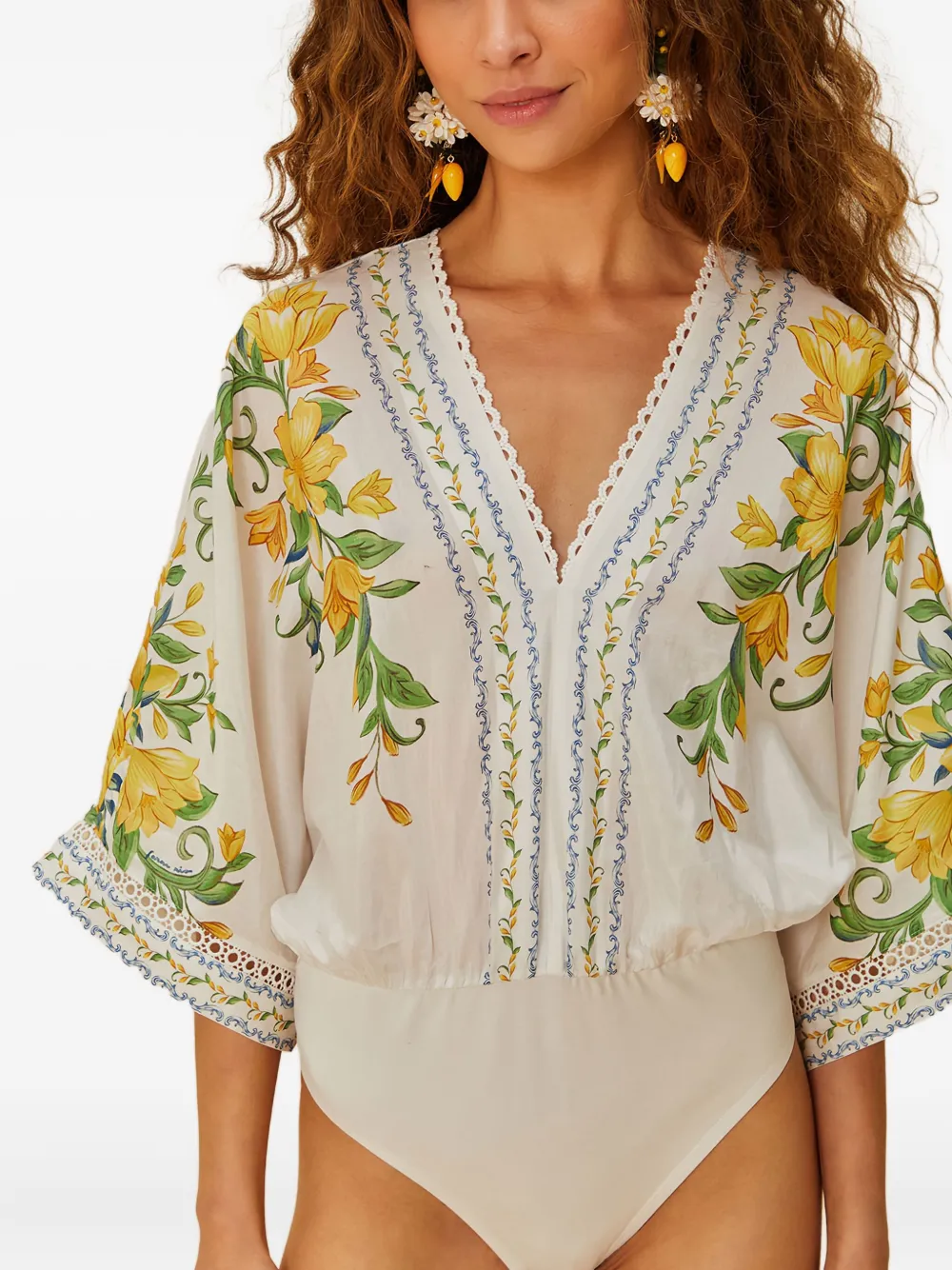 Farm Rio Floral-print Lace Trim Bodysuit In White