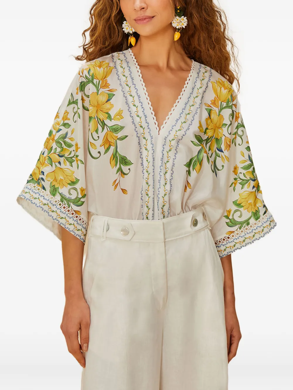 Farm Rio Floral-print Lace Trim Bodysuit In White