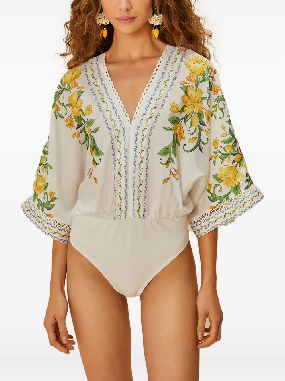 Farm Rio Floral-print Lace Trim Bodysuit In White