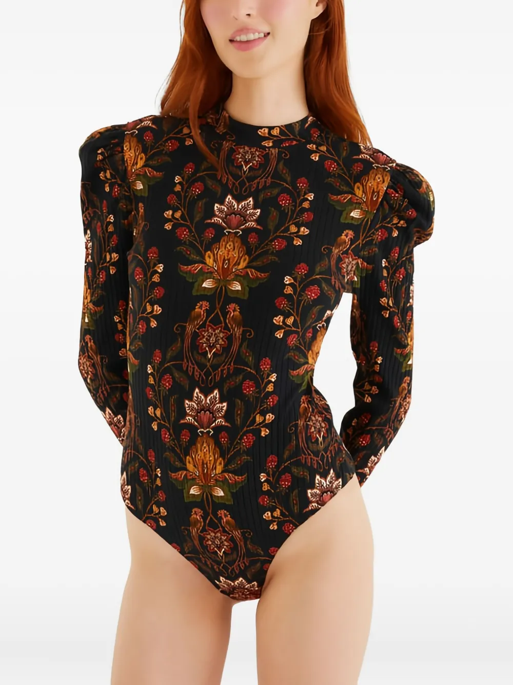 FARM Rio Body met pofmouwen en bloemenprint - Zwart