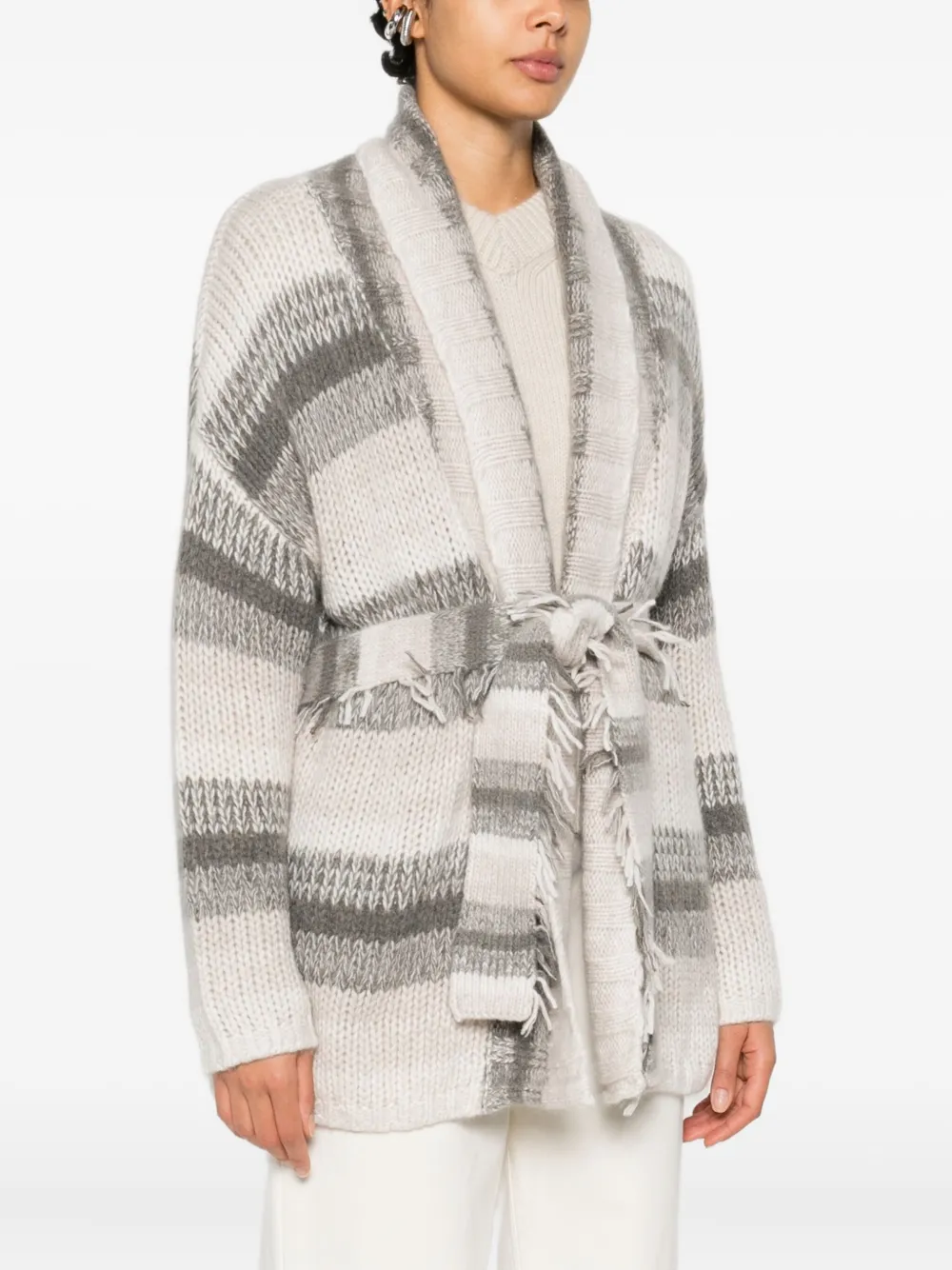 Hemisphere Striped Belt-fringed Cardigan In Multi