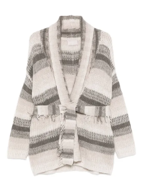 Hemisphere striped belt-fringed cardigan