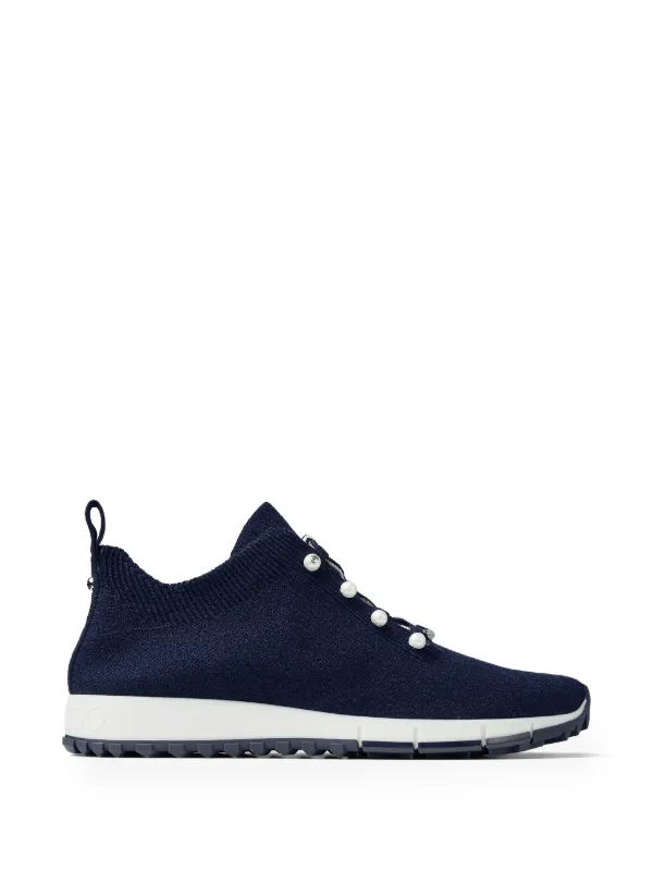 Jimmy Choo Veles Marine Cashmere Melange-knit Trainers with Pearl Buttons in Blue
