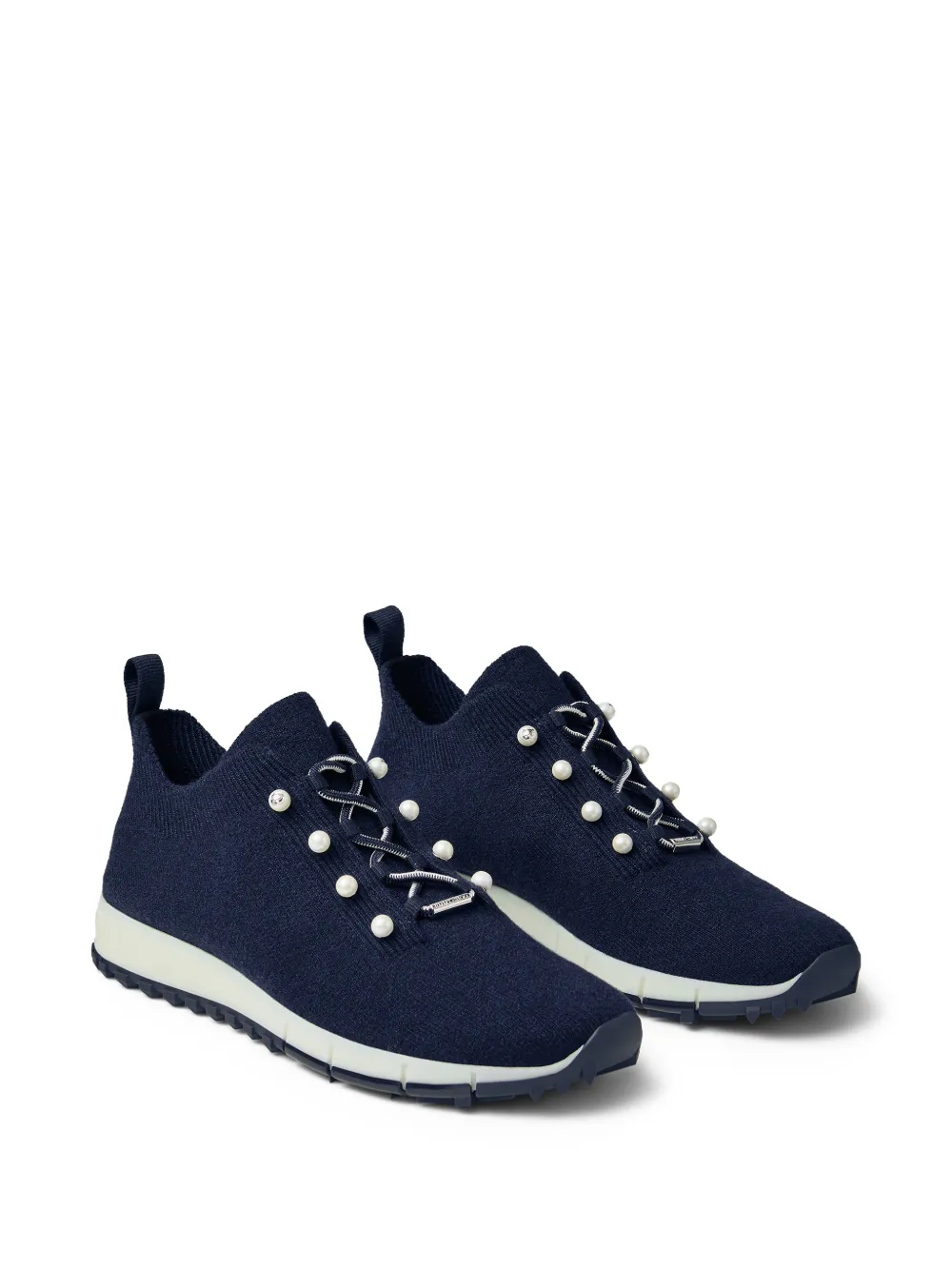 Jimmy Choo Veles Marine Cashmere Melange-knit Trainers with Pearl Buttons in Blue, view 2
