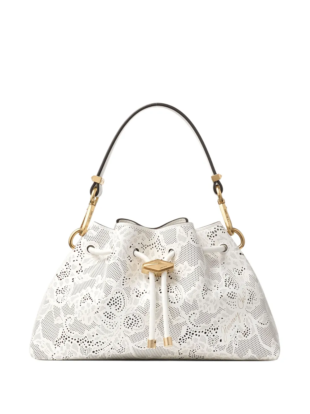 Jimmy Choo small Cinch perforated-lace drawstring shoulder bag | White | Image 1
