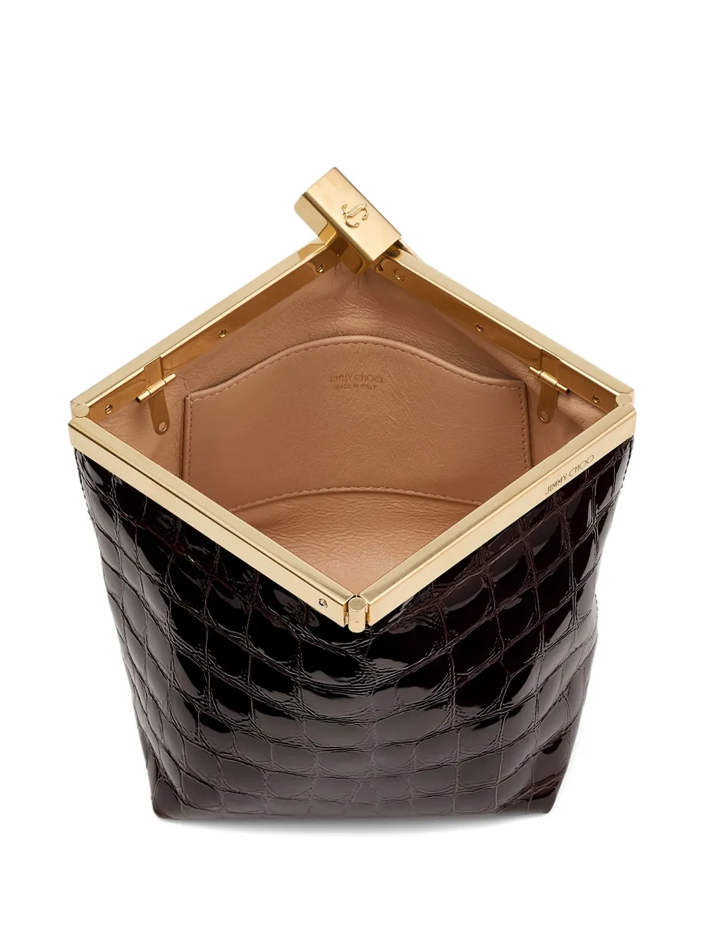 Jimmy Choo Ganache clutch met krokodillen-reliëf en ketting Bruin