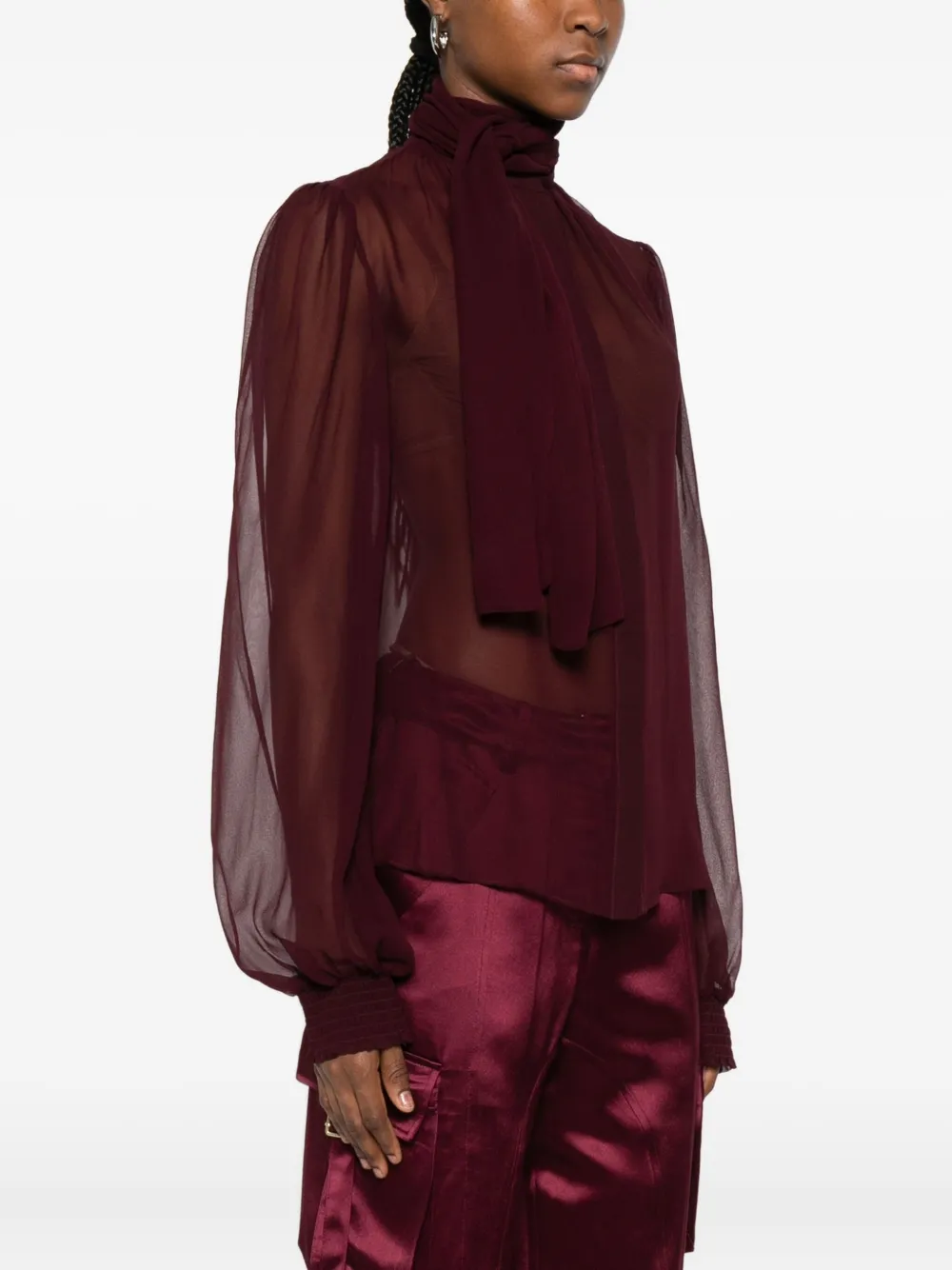Retroféte Tie-neck Long-sleeve Top In Brown