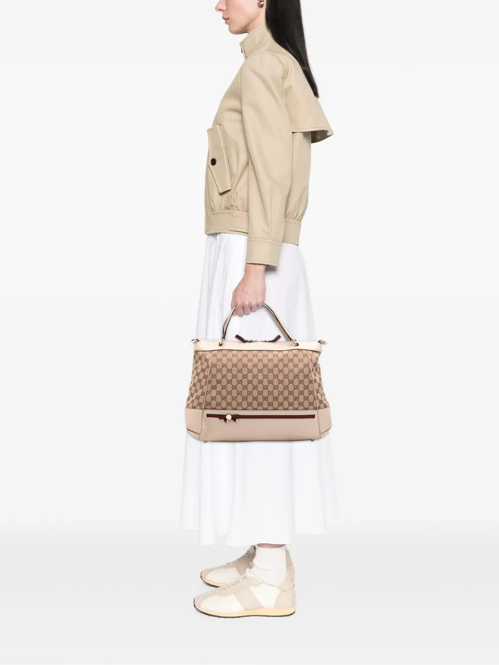 Pre-owned Gucci 2016-2025 Gg Canvas Web Mayfair Satchel In Brown