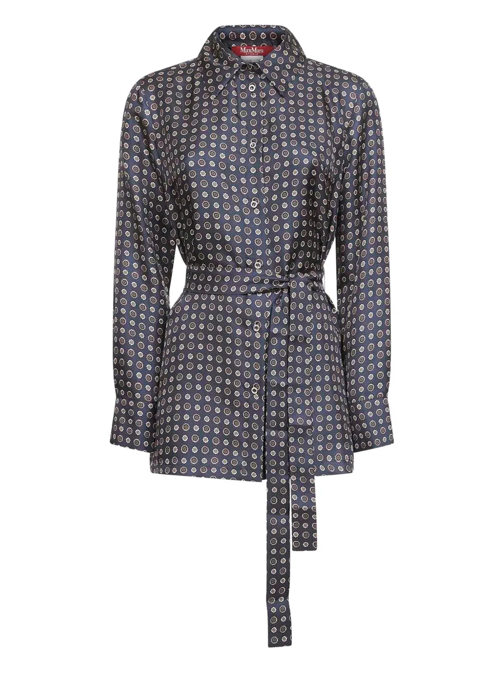 Max Mara Blue Printed Twill Boccale Belted Shirt In Blue