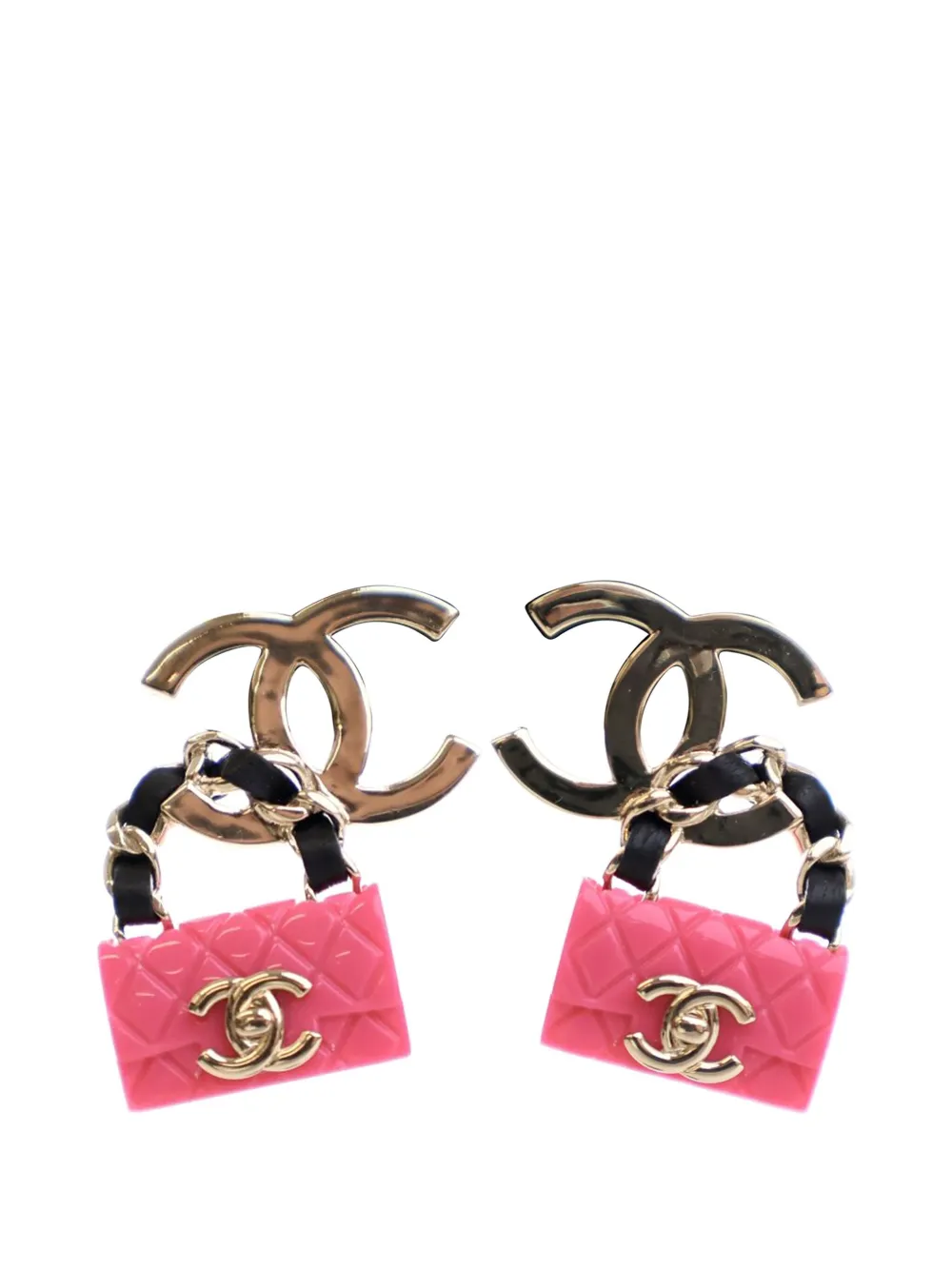 Pre-owned Chanel 2023 Silver Plated Matelasse Enamel Cc Flap Push Back Earrings Costume Earrings In Pink