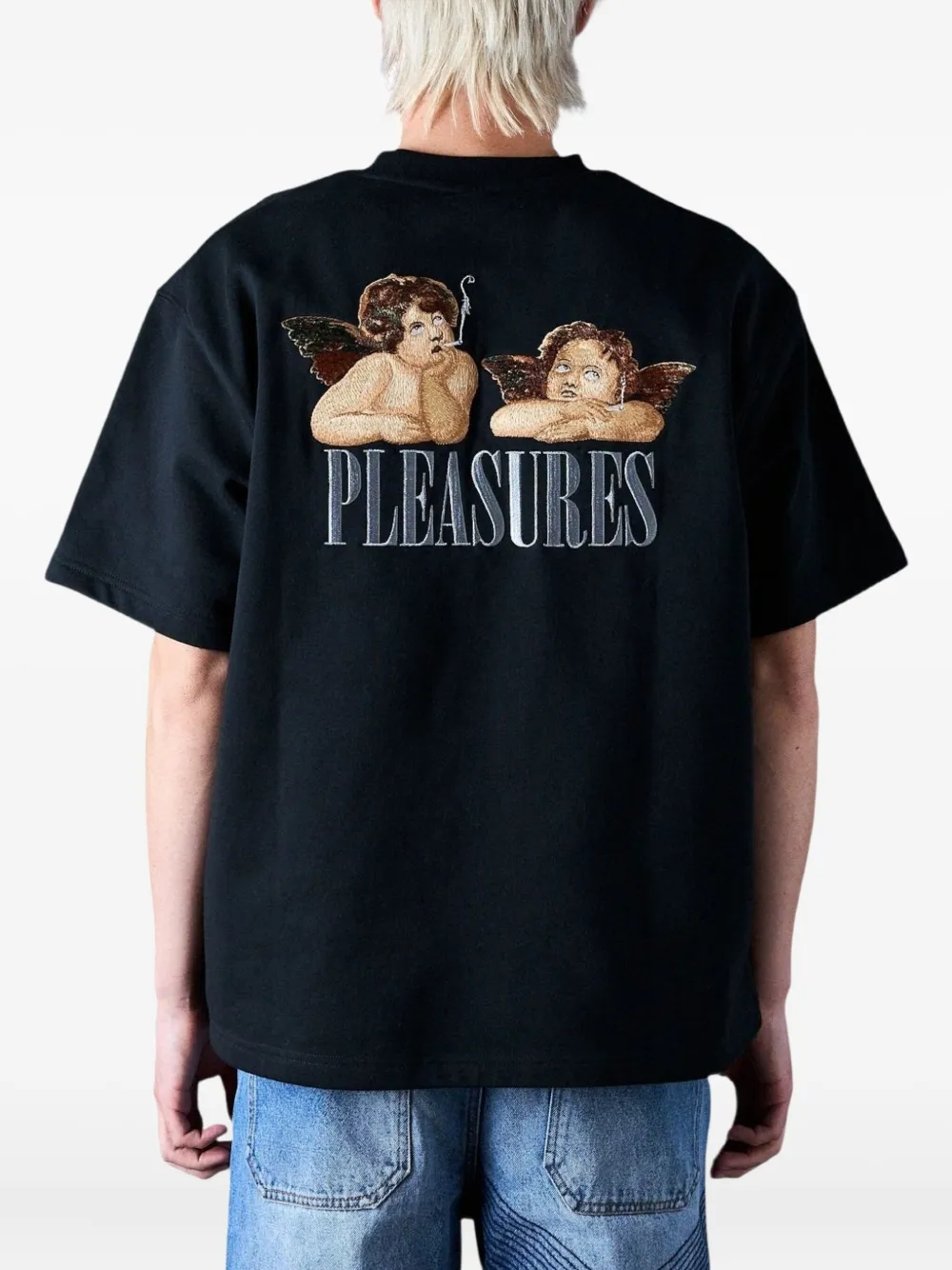 Pleasures T-shirt met borduurwerk en korte mouwen Zwart