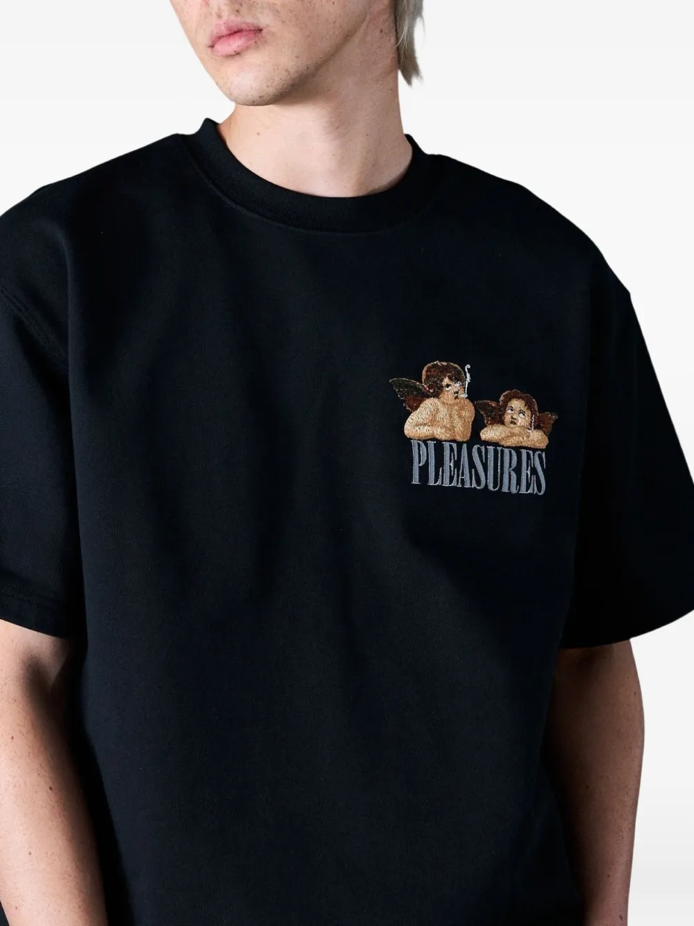 Pleasures T-shirt met borduurwerk en korte mouwen Zwart