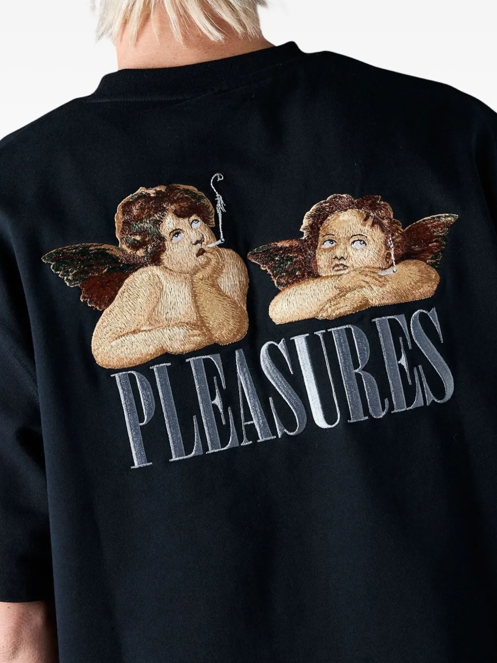 Pleasures T-shirt met borduurwerk en korte mouwen Zwart