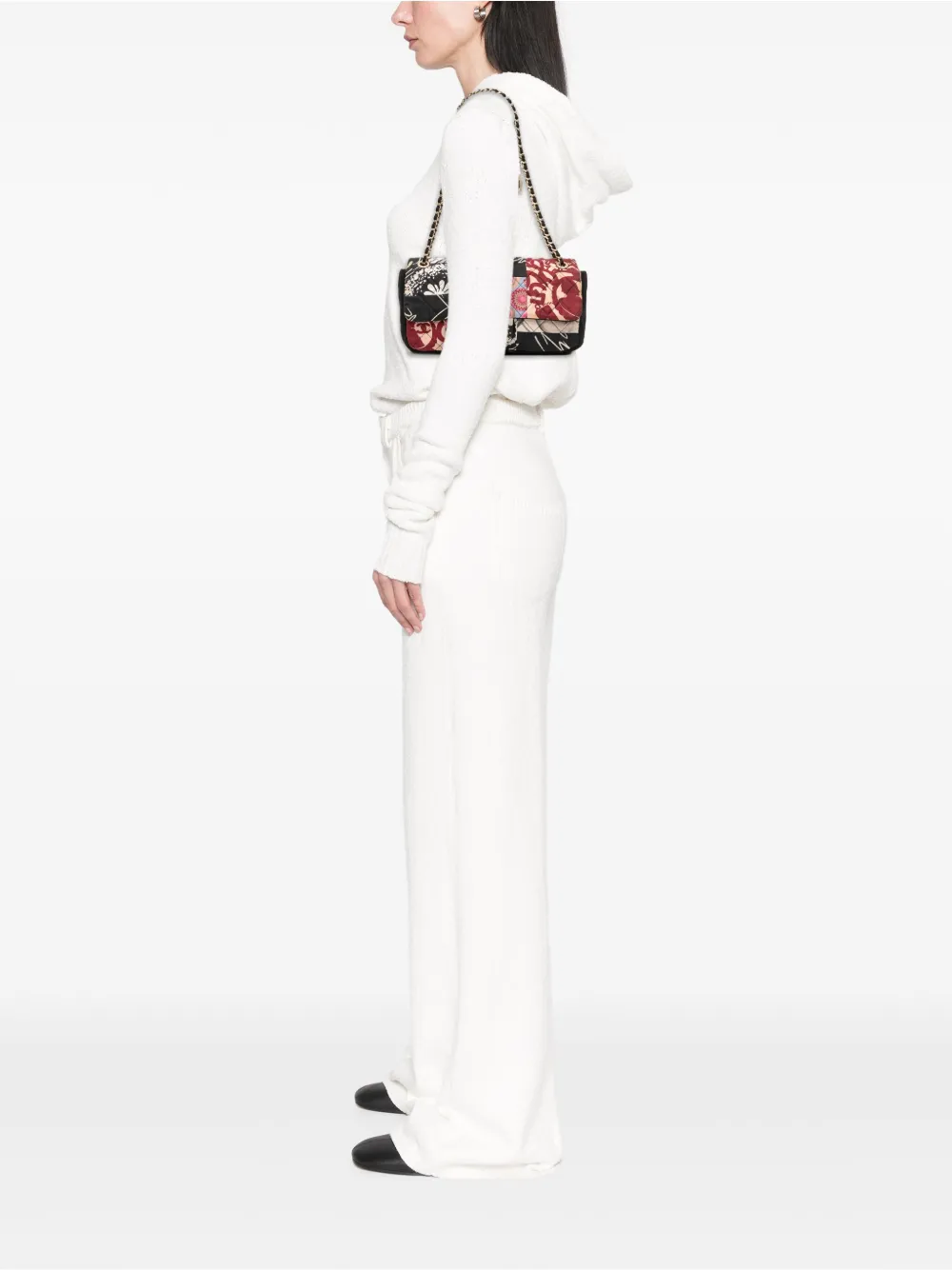 Pre-owned Chanel 2014 Medium Printed Nylon And Jersey Patchwork Single Flap Shoulder Bag In Black