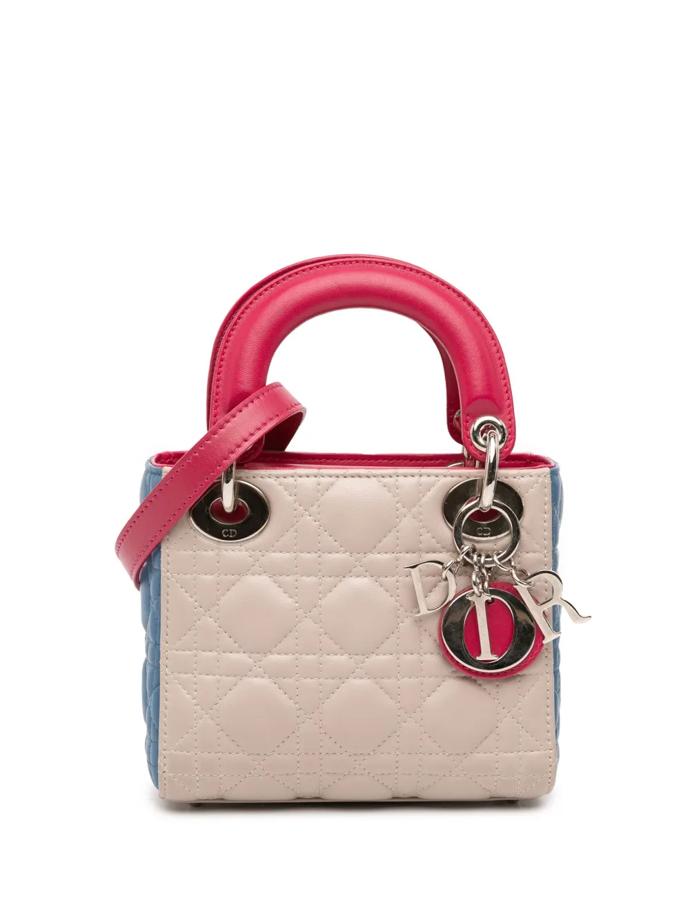 Pre-owned Dior 2014 Mini Tricolor Lambskin Cannage Lady  Satchel In Brown
