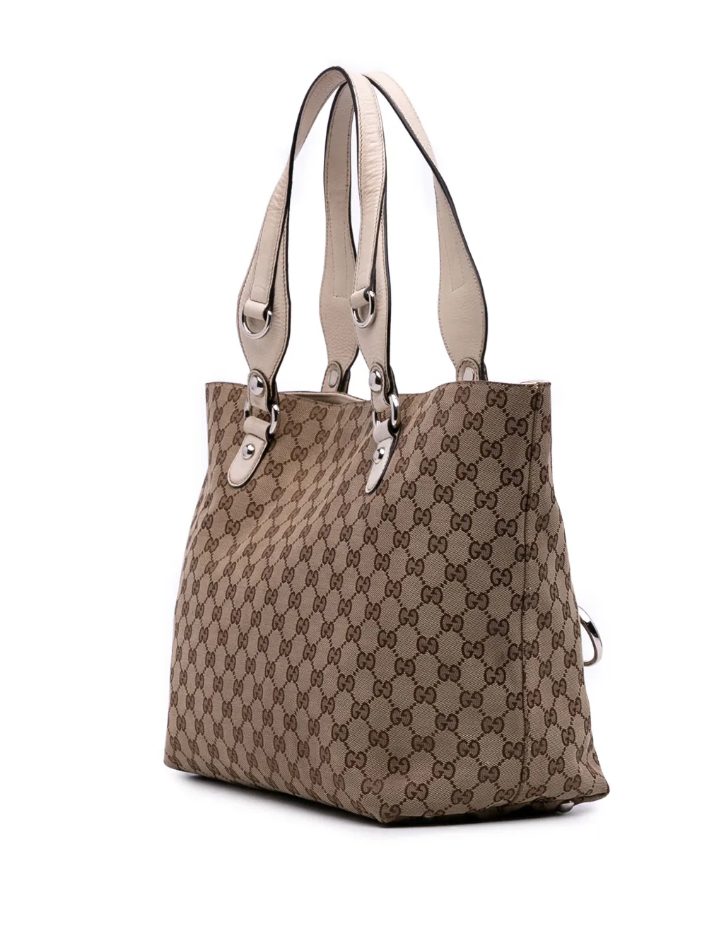 Pre-owned Gucci 2016-2025 Medium Gg Canvas Icon Bit Tote Bag In Brown