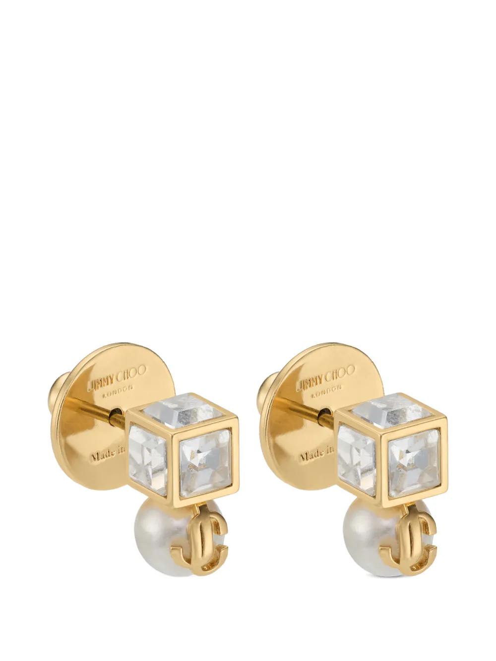 Jimmy Choo JC Cube Pearl Studded Earrings in Gold, view 2