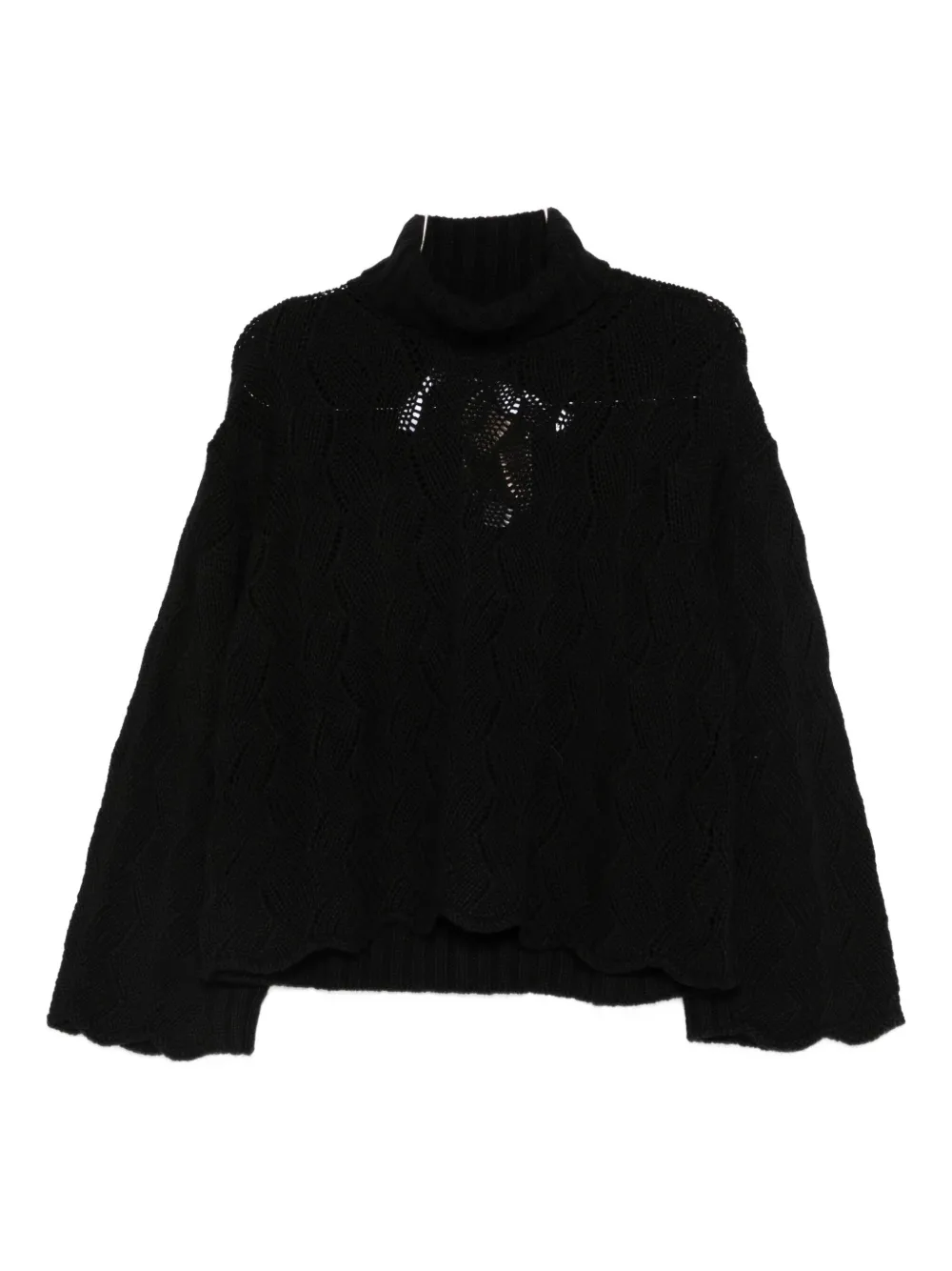 Twinset Textured Knit Sweater With Turtleneck And Scalloped Edges In Black