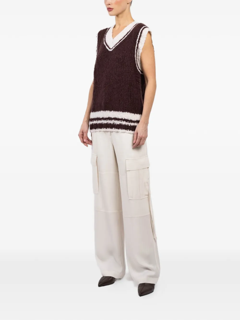  Cuddleup V-neck Striped-pattern Vest - Brown 