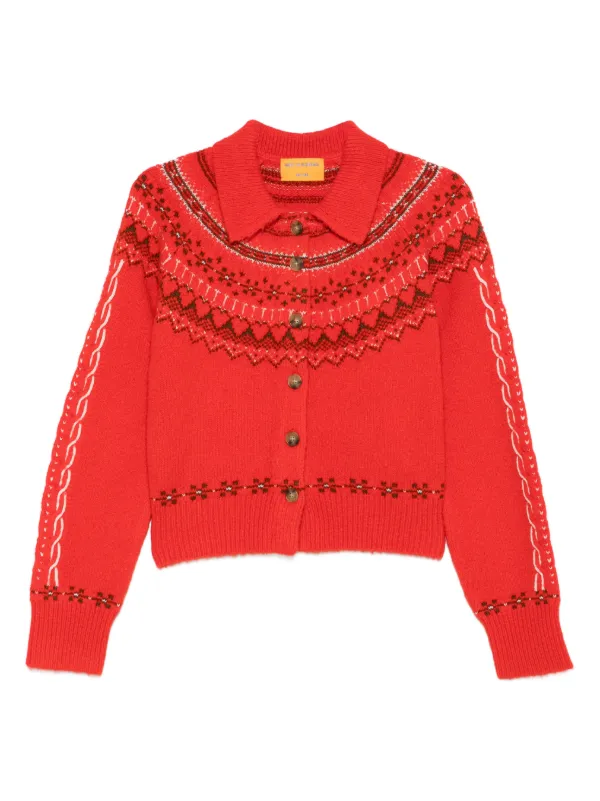 Guest In Residence Patterned Button Cardigan in Red
