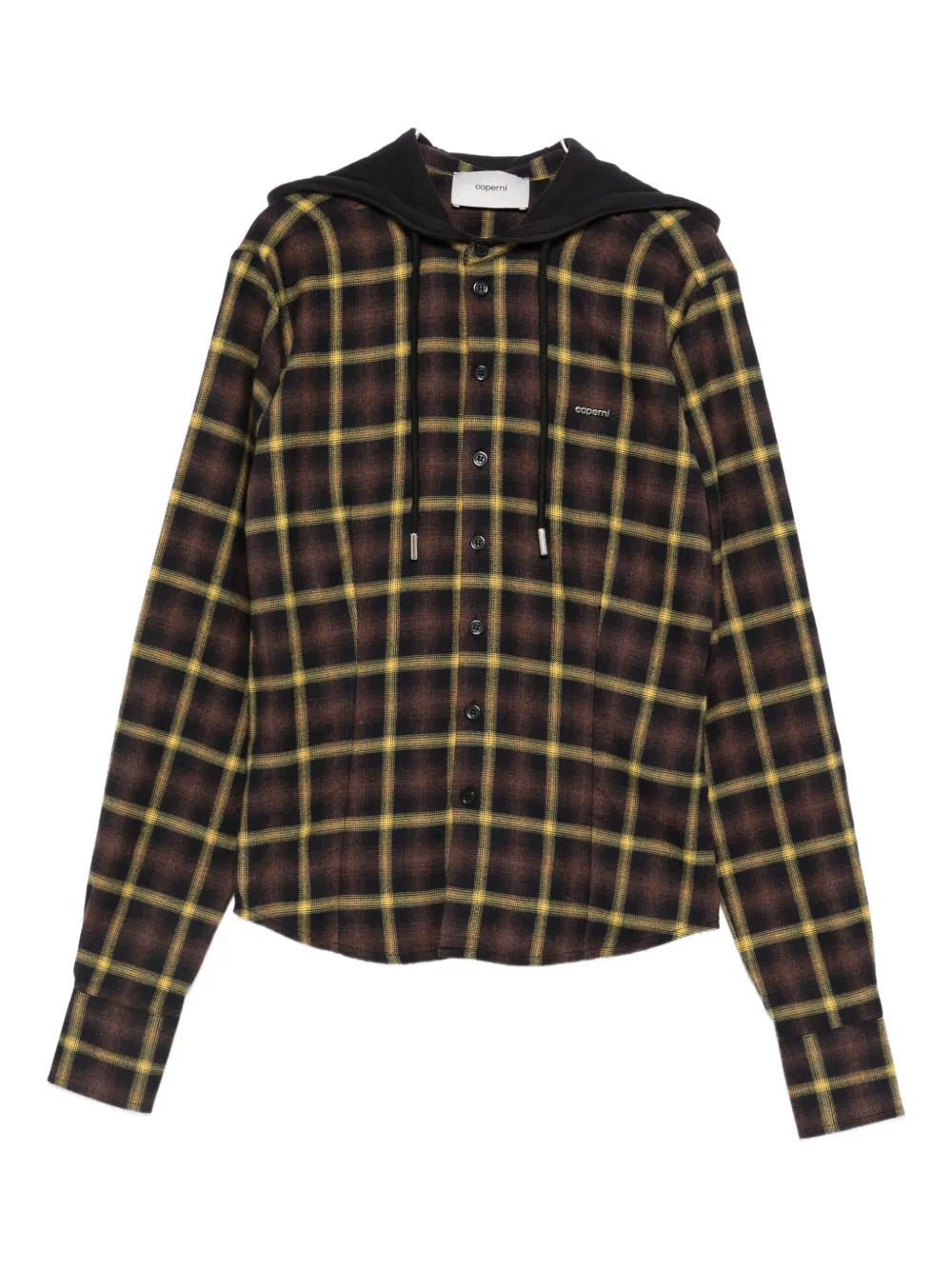 Coperni Plaid Brown Shirt With Hood And Button-down Detail In Brown