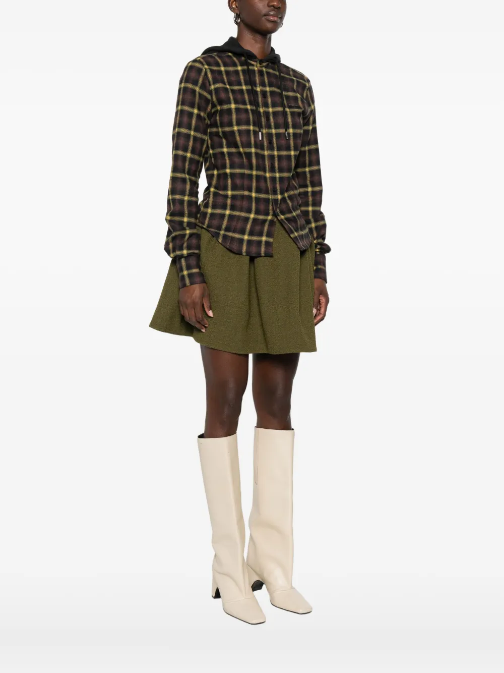 Coperni Plaid Brown Shirt With Hood And Button-down Detail In Brown